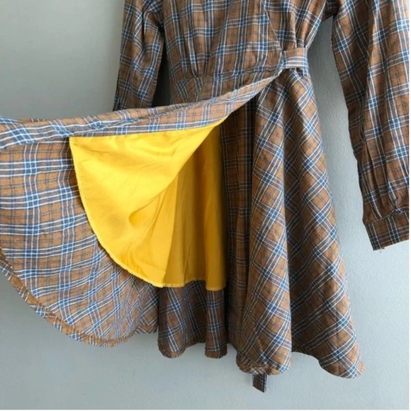Preppy Plaid Wrap Skirt Tie Waist Long Sleeve V Neck Flowy Mini Dress Brown - Picture 5 of 11